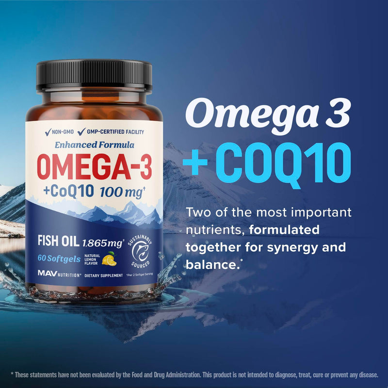 [Australia] - Omega 3 Fish Oil + Co Q10 | 1305MG Omega-3 with CoQ10 100MG for Heart Health, Cellular Energy, and Antioxidant Support | Co Q 10 + Omega3 | Coenzyme Q10 Fish Oil Supplements | Non-GMO | 60 Ct 