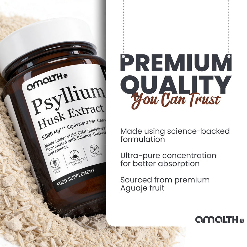 Amalth Psyllium Husk Capsules 5000mg Equivalent | Psyllium Husk Extract 10:1 with Probiotics | Fibre Supplement & Prebiotic Fibre | 180 Vegan Capsules | 6 Months Supply