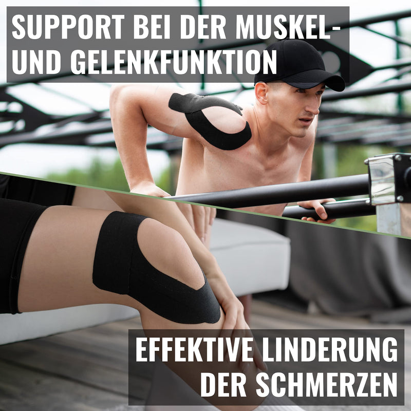 Recovell Kinesiology Sports Tape 4 Rolls Black 5 cm x 5 m for Support and Stabilisation I Waterproof Tape for Muscle Tapes and Joints I Tape Self-Adhesive I Elastic Tape