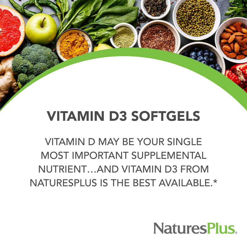 NaturesPlus Vitamin D3 1,000 IU 180 Softgels Capsules - Active Vitamin D Supplement - Immune Support, Bones, Muscle, Teeth, Calcium Absorption - Easy to Swallow, Gluten Free - 3 Months Supply