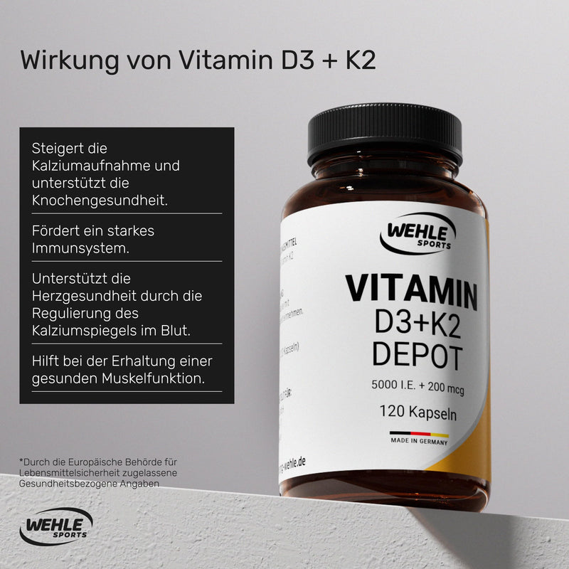 [Australia] - Vitamin D3 K2 Depot 120 capsules high dose 5,000 IU vitamin D3 + 200 µg vitamin K2 MK7 All Trans - Wehle Sports - without additives, made in Germany. 