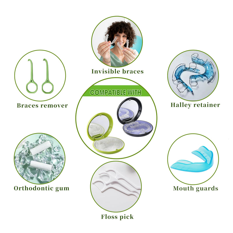 [Australia] - 2 PCS Retainer Cases, Mouth Guard Case with Mirror, Compatible with Invisalign,Retainer Removal Tool, Chewy, and Brush (1PCS Green White+1PCS Black Purple) 