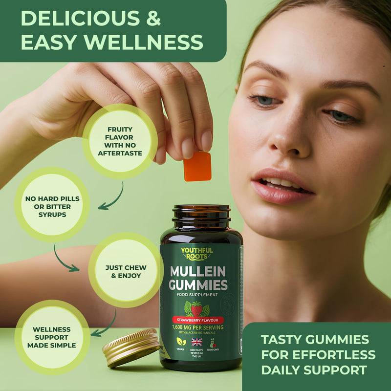 Mullein Lung Support 60 Gummies. 6 in 1 Botanical Blend with Elderberry, Marshmallow Root & Licorice Root Extract, Quercetin and Bromelain Strawberry 1 Pack - 60 Gummies