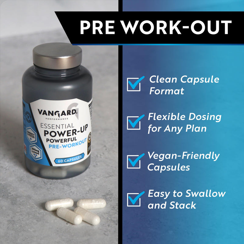 Vangard Essential Power Up Pre Workout Capsules - 15 Servings (60 Capsules), Made with Beta Alanine, Caffeine, Vitamin B3 and B5 to Improve Endurance Performance