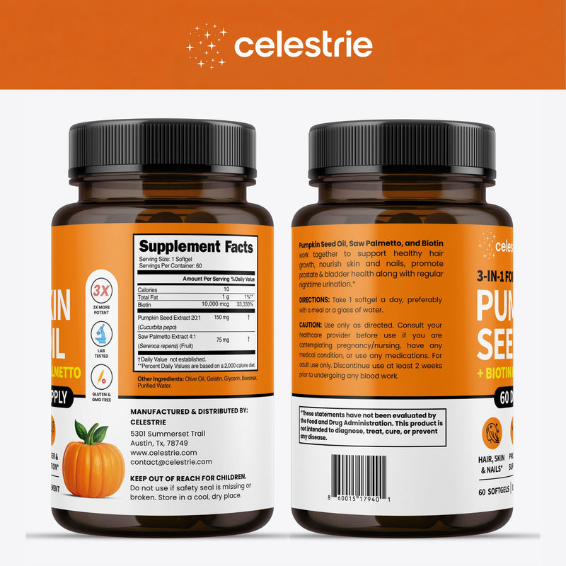 3-in-1 Pumpkin Seed Oil with Saw Palmetto Capsules (3000mg/softgel) + Biotin for Hair Growth, Radiant Skin, Prostate, Bladder, Immune & Urinary Support, Essential Fatty Acids & Vitamins, 60 Day Supply
