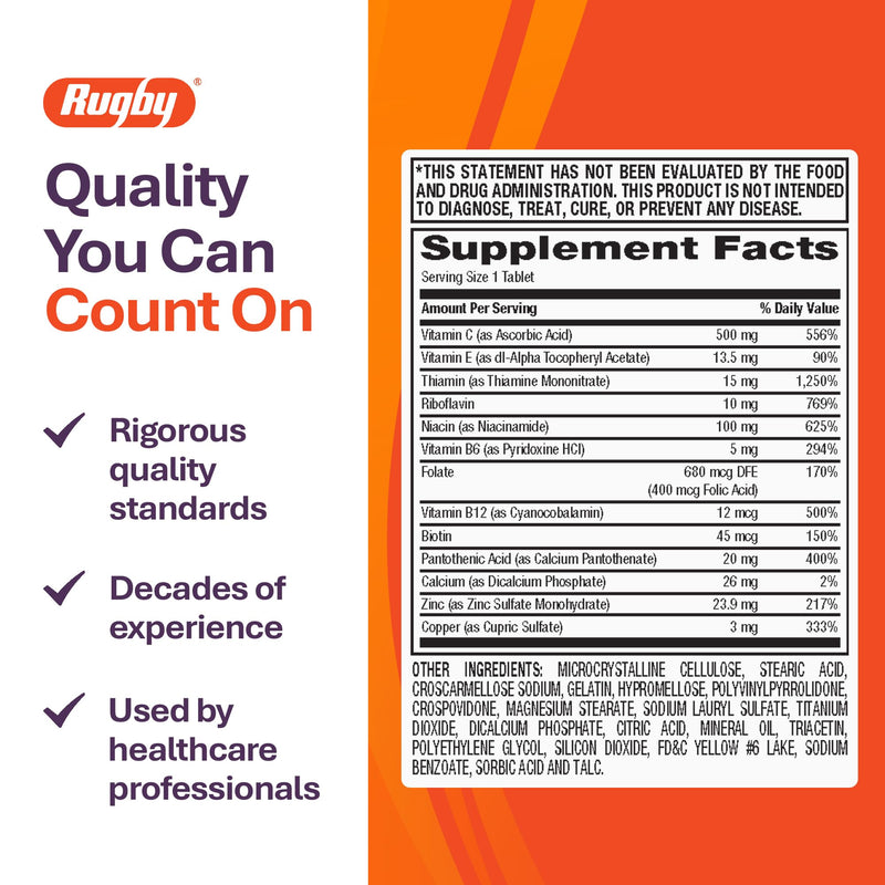 Rugby Multivitamin with Zinc Stress Formula - 60 Count (1-Pack) | Supports Immune Health and Wellness, Daily Multivitamin for Adults with Vitamin B-Complex, C, E & Zinc, Gluten-Free