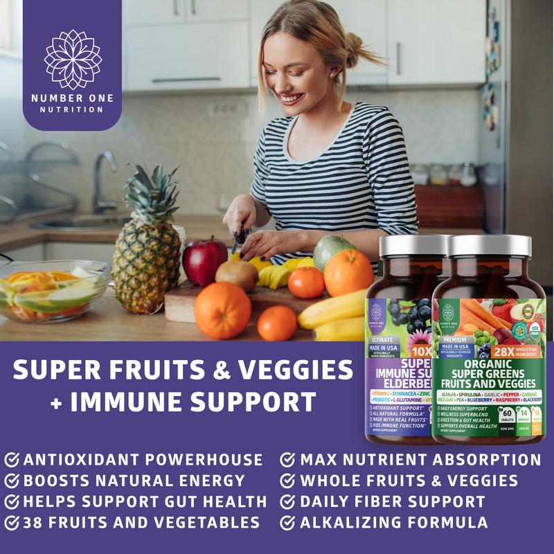 N1N Premium Organic Super Fruits & Veggies + Immune Support [38 Powerful Ingredients], Natural Super Greens Supplement with Alfalfa, Vitamins & Minerals, Zinc, Turmeric and Probiotic, 120 Caps