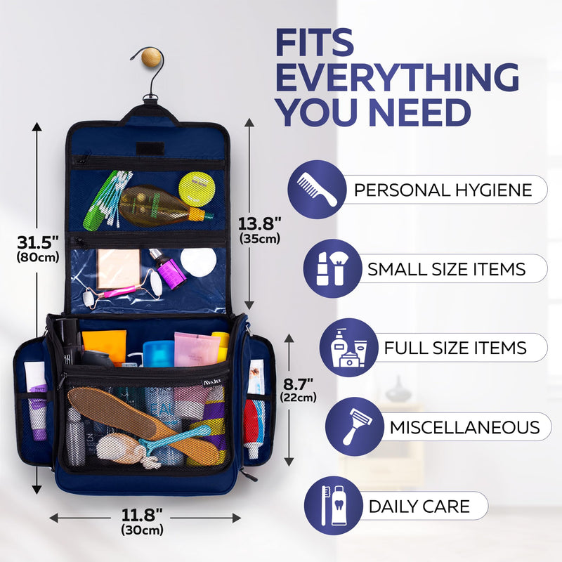 Extra Large (11.8”x11.8”x4”) Hanging Travel Toiletry Bag for Men and Women - Cosmetic Travel Bag With Shoulder Strap - Waterproof Hygiene Bag with Metal Swivel Hook and 19 Compartments for Toiletries XXL Navy Blue