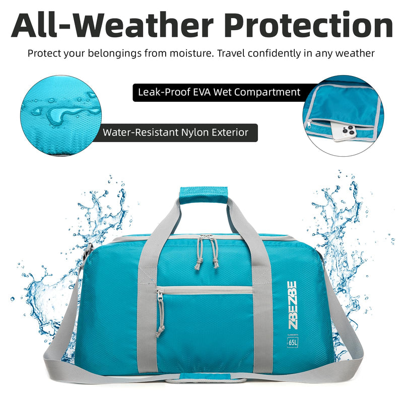 Foldable Travel Duffel Bag 65L, Large Capacity Bag for Trips | 65L Large Capacity Foldable Travel Duffel - Spacious Weekender Bag for Vacations, Road Trips and Extended Journeys. Light Blue