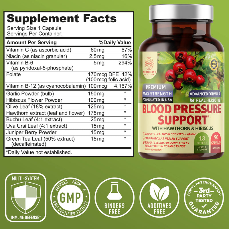 [Australia] - 2-Pack N1N Premium Blood Pressure Support with Hawthorn and Hibiscus [13 Potent Ingredients], Natural Supplement to Support Blood Flow Health, 180 Caps 
