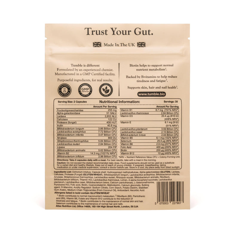Tumble Probiotics - 42 Billion CFU - 11 Strains - Prebiotic Fibres & Enzymes - Lactobacillus & Bifidobacterium - 1 Month Supply - 60 Capsules - for Gut Health - Lab Tested & Made in the UK - Starter Starter Kit