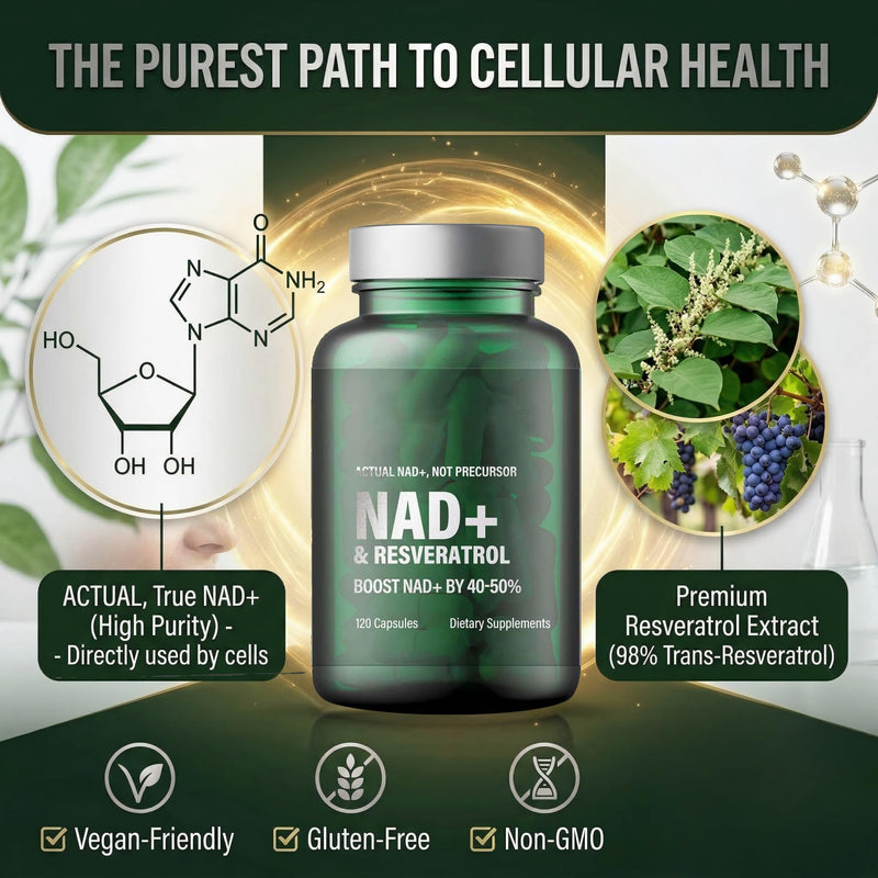 NAD+ Supplement with Resveratrol, 120 Count Actual NAD+ Supplements for Cellular Energy Support, High Absorption, Vegan & Gluten Free