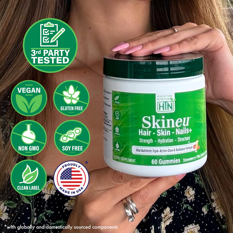 Health Thru Nutrition Skineu Hair, Skin & Nails+ Gummies | Biotin 5000mcg, Hyaluronic Acid, Retinyl Palmitate | Beauty Support - Strength & Hydration | Strawberry Piña Colada Flavor | 60 Gummies