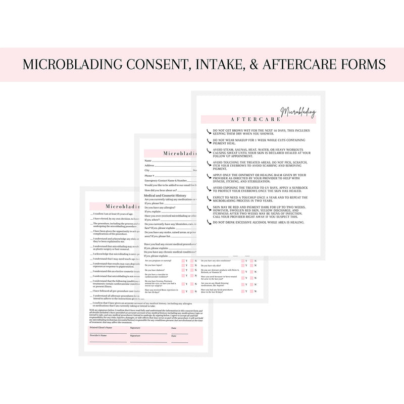 [Australia] - Microblading Intake, Consent, and Aftercare Form | Printed Physical 8.5 x 11" A1 Forms | Clients Signature | White and Pink Design 