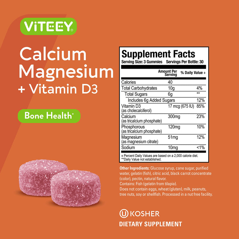 Viteey Calcium Gummies with Vitamin D3 and Magnesium Supplement | for Bone Health - Chewable Calcium Supplements for Women & Men - Gluten-Free, Non-GMO - 180 Count 90 Count (Pack of 2)