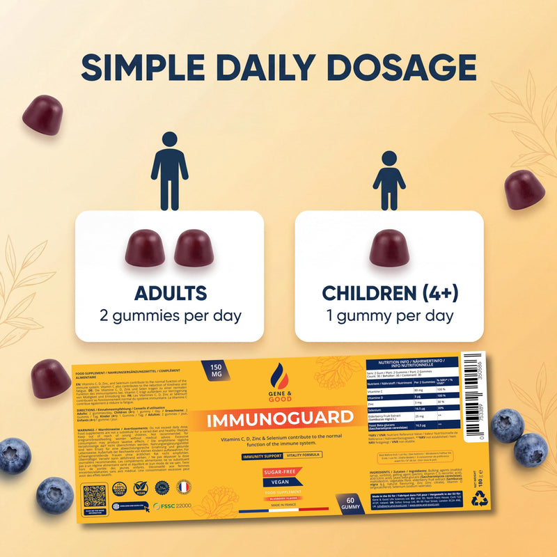 Gene & Good® Immune Support Gummies (Blueberry Flavour) | Vitamin C + Vitamin D + Zinc + Selenium | Elderberry Extract + Beta-Glucan | Sugar Free | Vegan | 60 Gummies 1