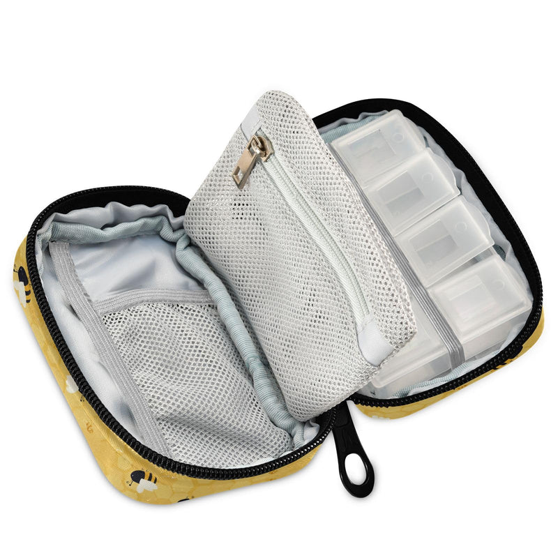 Yellow Bee Honeycomb Pill Organizer Case 7 Day Travel Pill Box with Zipper Portable Weekly Vitamin Medicine Supplement Holder Pouch Bag