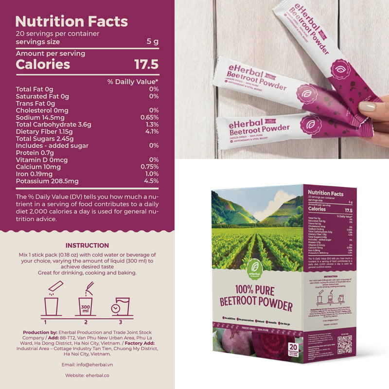 [Australia] - eHerbal 100% Plant Based Pure Freeze Dried Beet Root Powder Packets, Beet Juice for High Blood Pressure, Nitric Oxide Booster, Boost Clean Energy Drink Mix, Non-GMO, 20 Convenient stickbags 