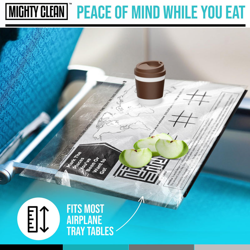 [Australia] - 15 Disposable Travel Tray Protectors by Mighty Clean │ Airplane Travel Essentials for Toddler, Kids, and Adults │ Must Have for Flying │ Provides a Clean Surface and Entertainment │ 15 Pack 