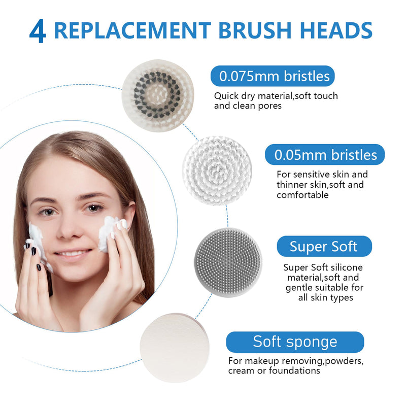 Facial Cleansing Brush, 2 in 1 Ｗaterproof IPx7 Facial Spin Scrubber Set with 4 Brush Heads, Rechargeable Exfoliating Face Brush Deep Cleansing, Gently Exfoliate and Remove Blackhead