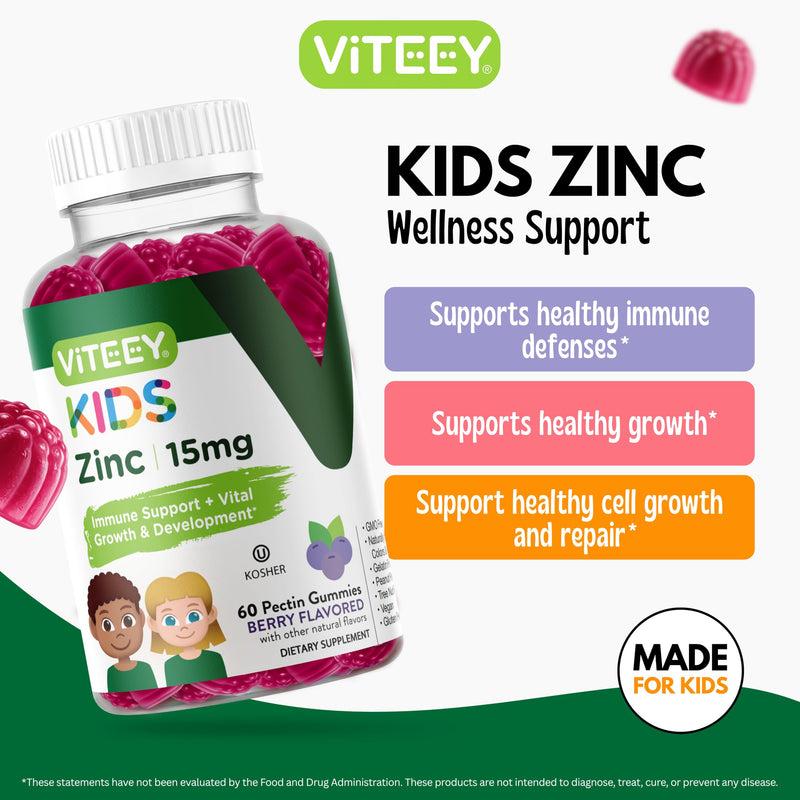 Viteey Zinc for Kids Gummies - 15mg - Tasty Chewable Berry Flavor Gummy | Immune Support - Powerful Natural Antioxidant, Kids Zinc Vitamin Supplement - Vegan, Gelatin Free, Gluten Free - 60 Count 60 Count (Pack of 1)
