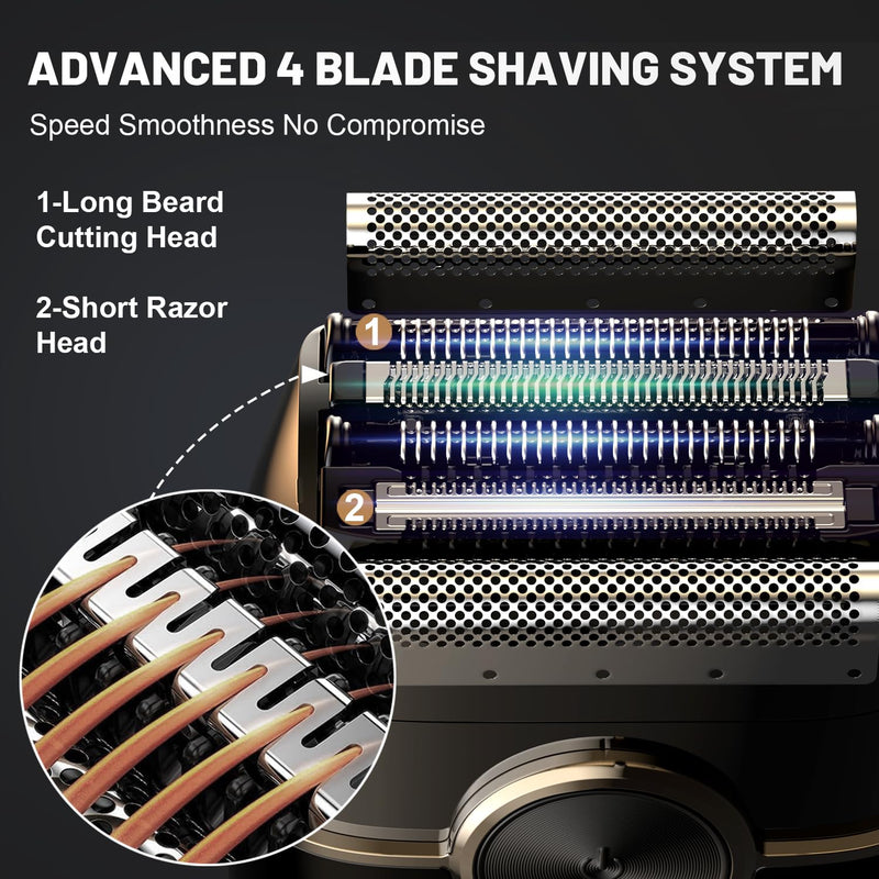 [Australia] - Electric Foil Shavers for Men: Advanced Mini Electric Razor with 4 Floating Blades & Large LED Display - 2 Adjustable Speeds - IPX7 Waterproof - USB Type C Cool Black 