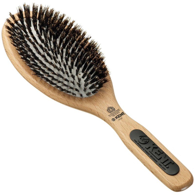 Kent PF07 Extra-Large 100% Boar Bristle and Non-Scratch Nylon Mix Cushion Brush - Wooden Detangling and Oval Smoothing Paddle Brush for Thin Hair - Made in England