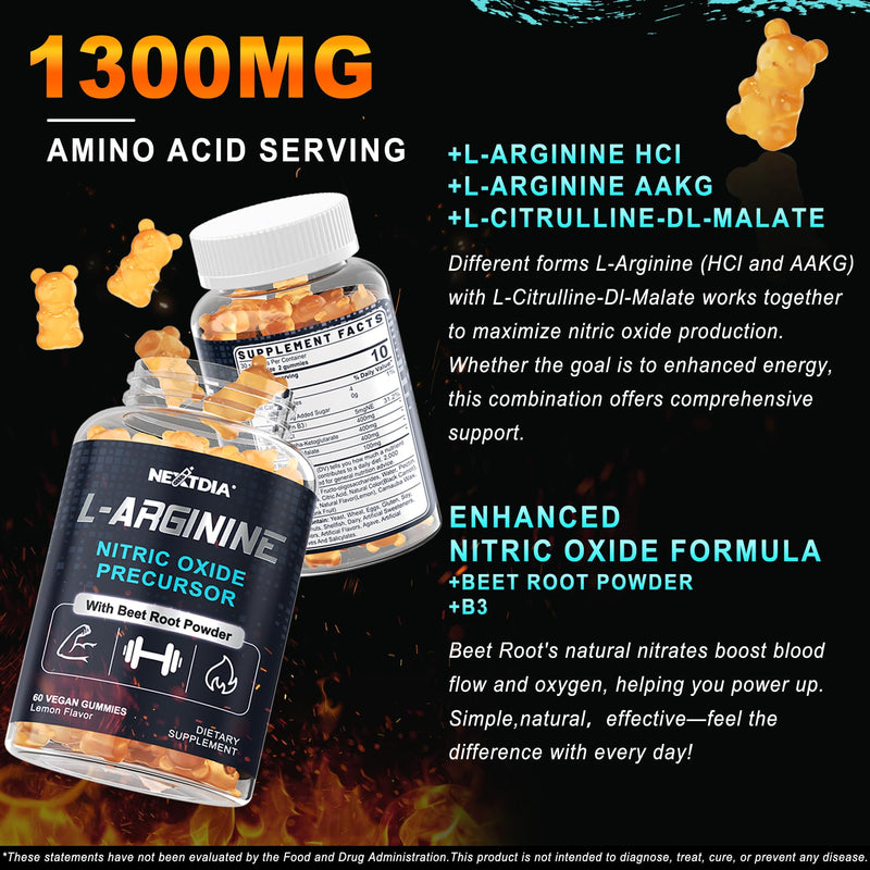 [Australia] - Sugar Free L Arginine Nitric Oxide Gummies 1300mg for Men & Women with L Citrulline, Beet Root, B3 | L Arginine L Citrulline Supplements | Vegan, 60 Counts 60 Count (Pack of 1) 