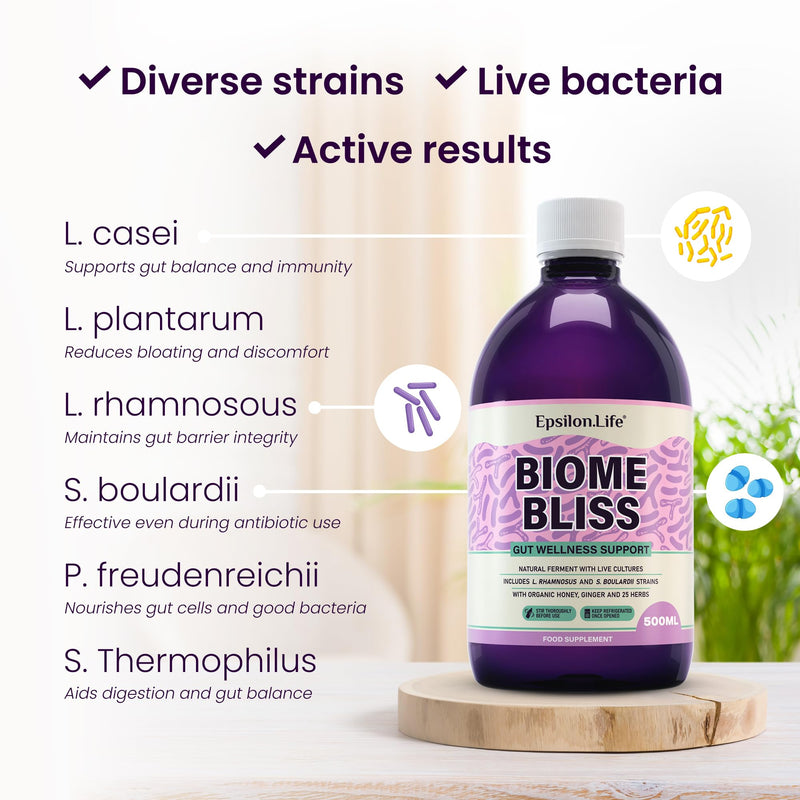 Biome Bliss Complete Gut Repair Probiotic Drink with Saccharomyces Boulardii & Live Bacterial Cultures | Natural Probiotics for Gut Health | 100% Organic Ingredients | Apple Juice & Honey | 25 Herbs