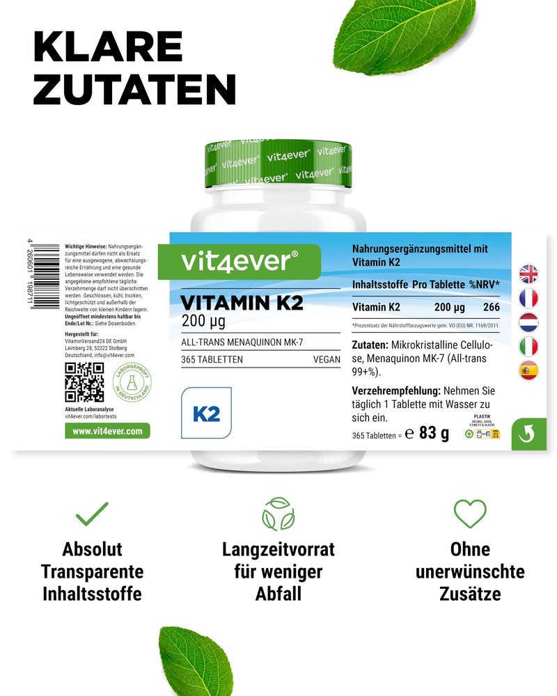[Australia] - Vitamin K2 MK7-365 tablets - 200 µg per tablet - All-trans content >99.7% MK-7 Menaquinone - High dosage - Without unwanted additives - Vegan 