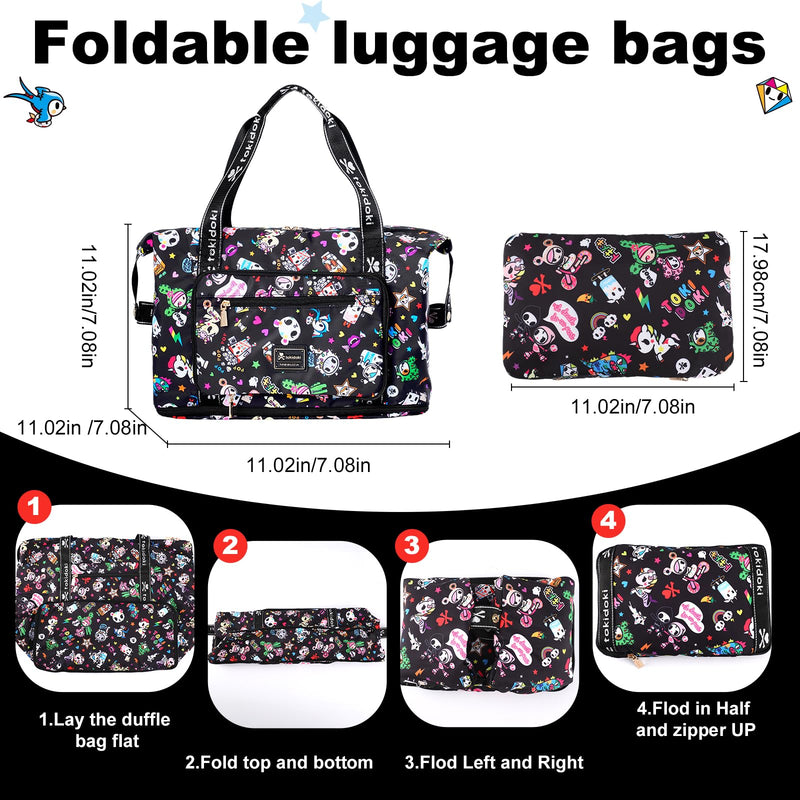 Tokidoki Foldable Duffle Bag for Travel, Airline Approved Weekender Bag | Officially Licensed │ Foldable │ 30-40L Expandable │ 6 Pockets│ Carry-On │ with Trolley Sleeve Black