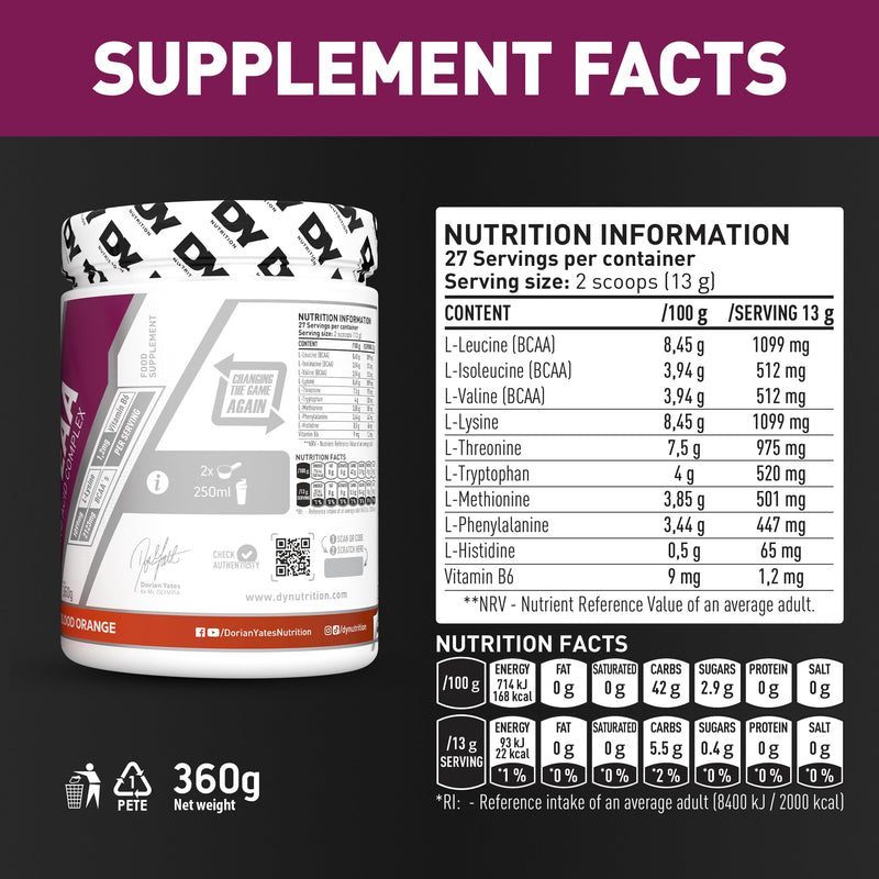DY Nutrition HIT EAA Essential Amino Acids Complex with BCAAs, L-Lysine & Vitamin B6 | Muscle Repair & Recovery Supplement Intra Workout Powder, 27 Servings, 360g (Blood Orange) Blood Orange