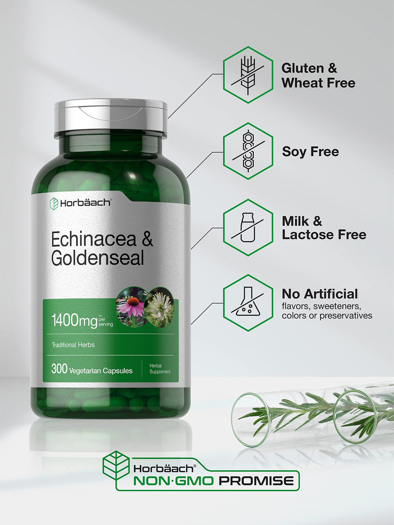 Horbäach Echinacea Goldenseal Capsules | 1400mg | 300 Count | Vegetarian, Non-GMO, Gluten Free Extract Supplement