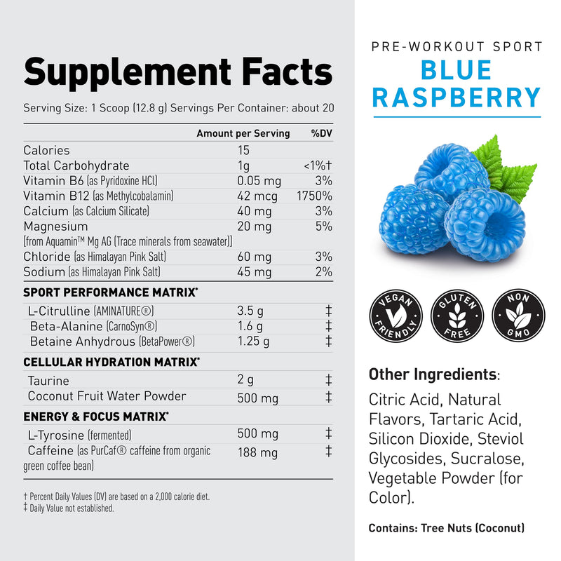 [Australia] - Kaged Sport Pre Workout Powder for Men & Women, Blue Razz, Sport Certified, 188mg Caffeine, Nitric Oxide Supplement, Beta Alanine for Energy, Weightlifting, Cardio Endurance & Strength, 20 Servings 