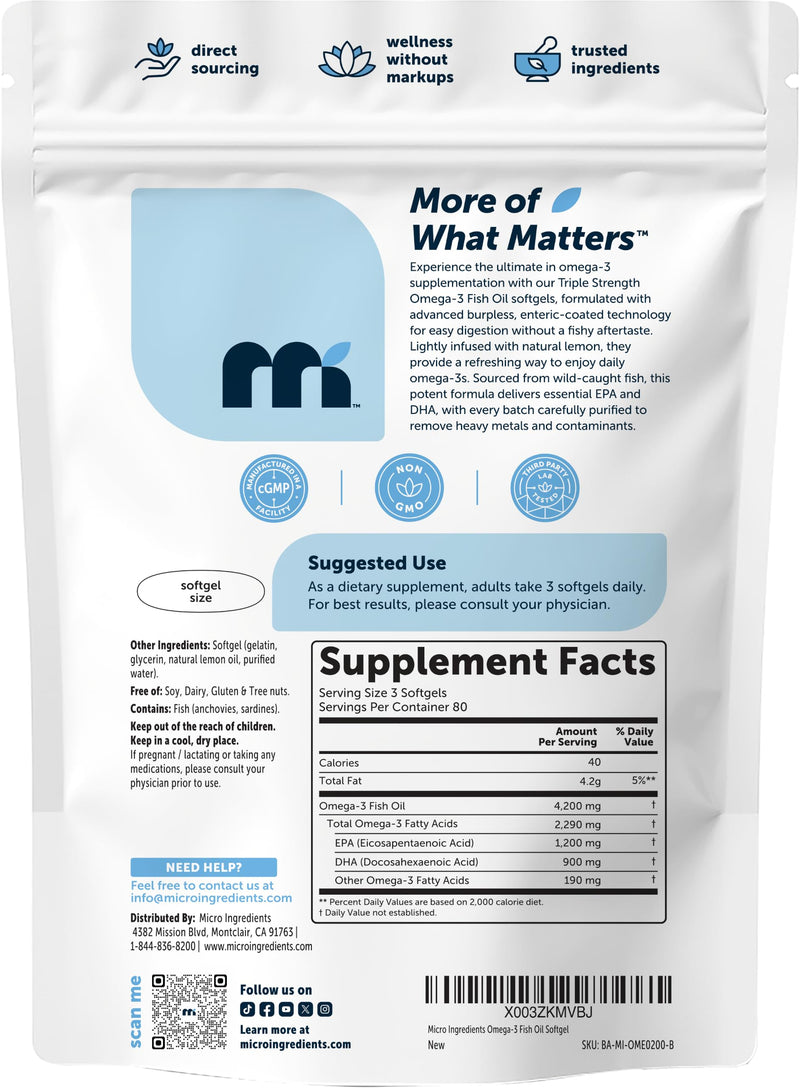 Micro Ingredients Triple Strength Omega-3 Fish Oil 4,200 mg Per Serving | EPA 1200mg + DHA 900mg Per Serving. Wild Caught Fish Source. 240 Softgels, Lemon Flavored, Burpless, No Fishy Aftertaste 240 Count (Pack of 1)