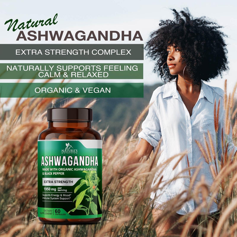 [Australia] - Nature's Nutrition Organic Ashwagandha Capsules Extra Strength 1950mg - Stress Support Formula - Natural Mood Support - Focus & Energy Support Supplement - 60 Capsules 60 Count (Pack of 1) 