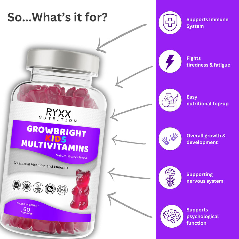 RYXX GrowBright Kids Multivitamins | 12 Essential Vitamins & Minerals | Natural Berry Flavour Gummies | Immune & Growth Support | 60 Vegan-Friendly Gummies | Made in the UK