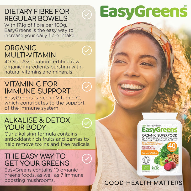 EasyGreens - Organic Greens Superfood Capsules – 100 Vegan Capsules - Soil Association Certified Natural Vitamin and Mineral - 40 Raw Greens, Fruits, Vegetables, Mushrooms, Sprouts, Seeds and Herbs