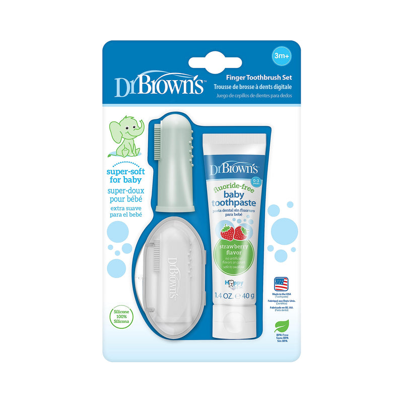 [Australia] - Dr. Brown's 100% Silicone Baby Finger Toothbrush and Toothpaste Set, 2-Pack Toothbrush with Storage Case, Fluoride-Free Strawberry Toddler Toothpaste, Gray & Light-Green 2 Pack, Gray & Light-green With Strawberry Toothpaste 