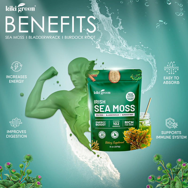 KIKI Green Sea Moss Powder Bundle - Immune Support Superfood Complex 8 oz, 6 oz - Raw Sea Moss, Burdock Root, Bladderwrack, Elderberry Extract - for Immunity Boost, Energy & Health Support
