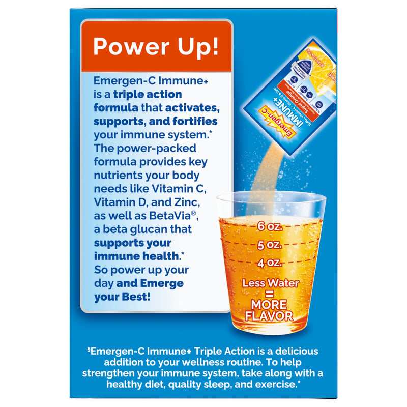 [Australia] - Emergen-C Immune+ Triple Action Immune Support Powder, BetaVia (R), 1000mg Vitamin C, B Vitamins, Vitamin D and Antioxidants, Super Orange, Back to School Essentials ‚Äì 30 Count 
