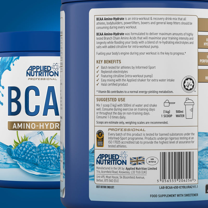 Applied Nutrition Bundle: BCAA Powder 450g + Lifestyle Water Bottle 1000ml | Branched Chain Amino Acids BCAAs Supplement, Intra Workout & Recovery (450g - 32 Servings) (ICY Blue Raz) ICY Blue Raz