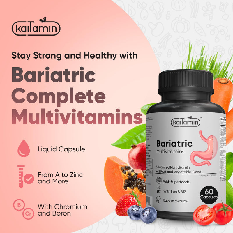 Bariatric Multivitamin with Iron 45mg, 120 Liquid Caps | Easy-swallow post-surgery multivitamin with B12, B6 & 42 superfoods for daily nutrition after weight loss surgery. 60 Count (Pack of 1)