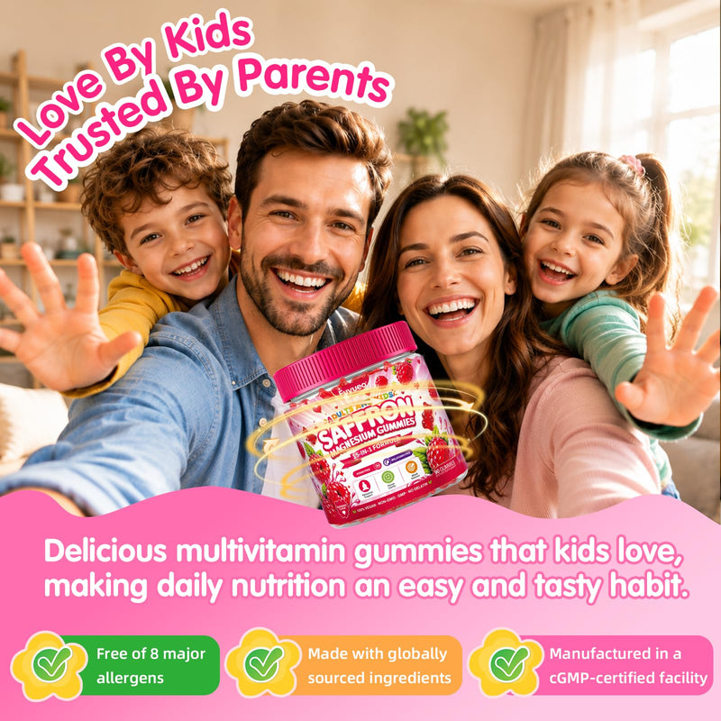 Saffron + Magnesium Glycinate -Calm Mood Focus Gummies for Kids 4+ & Adults | Saffron Extract with Omega-3, L-Theanine, B6, B12, D3 – Happy Mood – Sugar Free, Vegan – 90 Gummies, Raspberry Flavor 90 Count (Pack of 1)