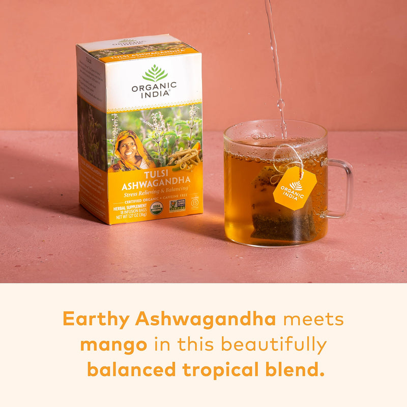 [Australia] - ORGANIC INDIA Calming Tulsi Ashwagandha Herbal Tea - Holy Basil Tea with Ashwagandha Root, Supports Restful Sleep - Adaptogen, Vegan, USDA Certified Organic, Non-GMO - 18 Infusion Bags, 3 Pack 18 Count (Pack of 3) 