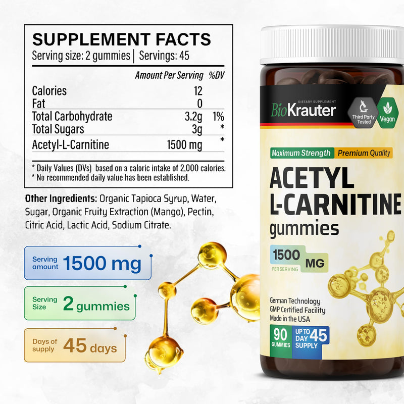 [Australia] - Acetyl L Carnitine Gummies - Vegan L-Carnitine Supplement for Energy Support - Amino Acid Acetyl L- Carnitine 1500 mg - Organic, Pectin-Based, Non-GMO 