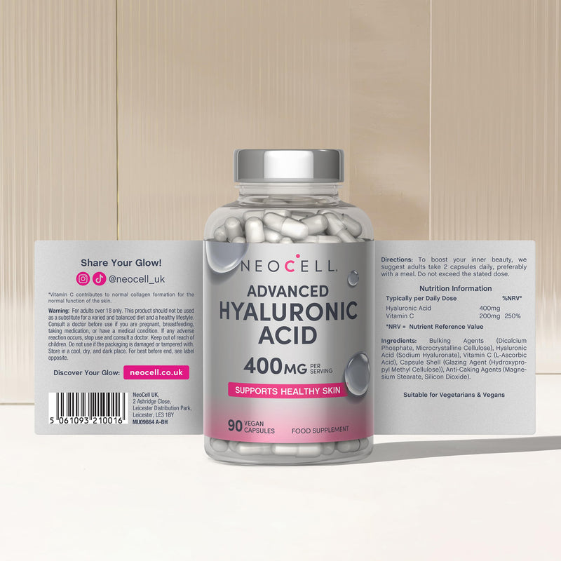 Hyaluronic Acid Supplement 400mg (500-700 KDA) | High Strength Vegan Formula with Vitamin C | for Women & Men | 90 Capsules | NeoCell