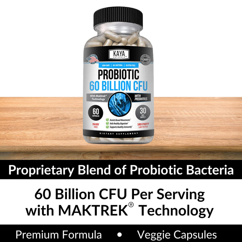 Kaya Naturals Probiotic 60 Billion CFU - Probiotics for Women, Probiotics for Men and Adults, Natural - Gut Health & Immune Support Supplement - Provides Digestive Support - 60 Vegetable Capsules 60 Count (Pack of 1)