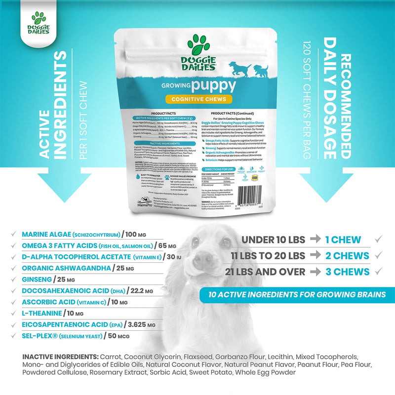 Doggie Dailies Cognitive Puppy Chews | Puppy Vitamins with DHA, Selenium, Organic Ashwagandha & Antioxidants to Support Brain Health, Nervous System Function & Promote Calmness | 120 Soft Chews - PawsPlanet Australia