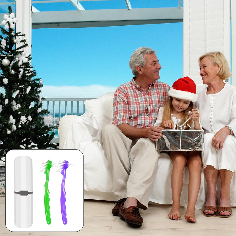 [Australia] - 2-Piece Denture Cleaning Brush Set - Multi-Layered Bristles False Toothbrush with Ergonomic Handle and White Carrying Case for Fake Teeth Cleaning, Travel-Sized Oral Care Tool (Green&Purple, One Size) Green&purple 